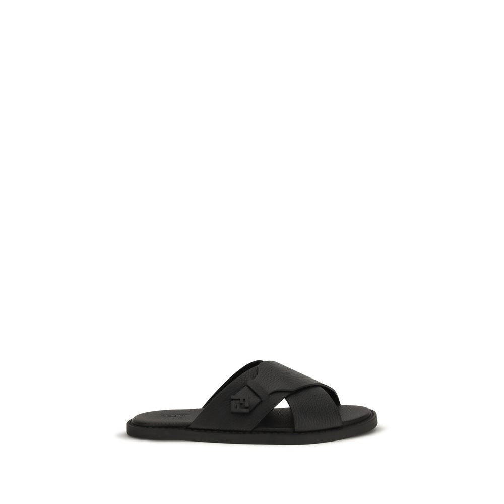 Fendi Black Calf Leather Bos Taurus Flat Sandals – SEYMAYKA display picture 1