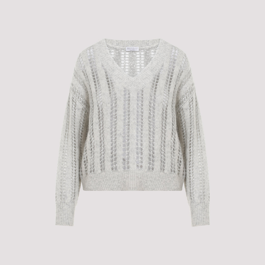 Pearl Grey 3D Ribbed and Shiny Net Wool Sweater-0