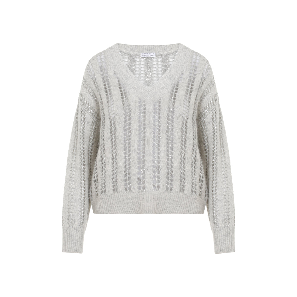 Pearl Grey 3D Ribbed and Shiny Net Wool Sweater-1