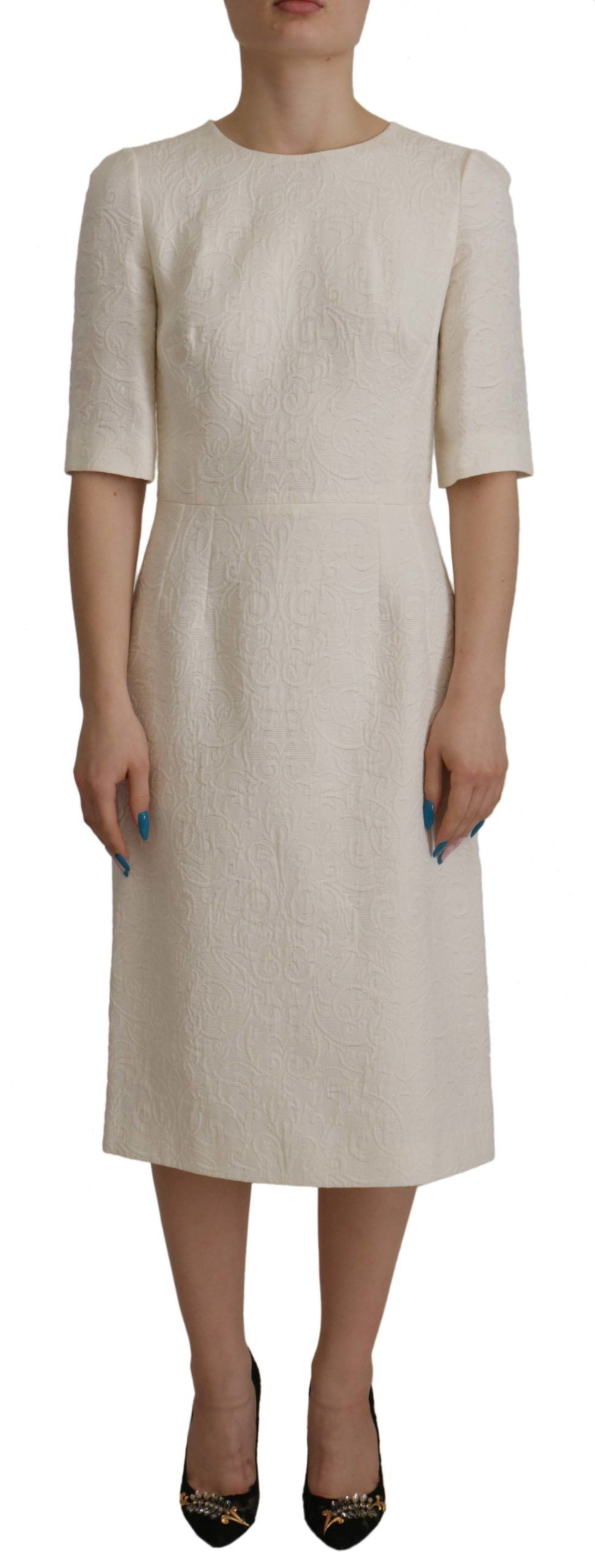 Dolce & Gabbana White Jaquard Midi Floral Sheath Brocade Dress IT38|XS