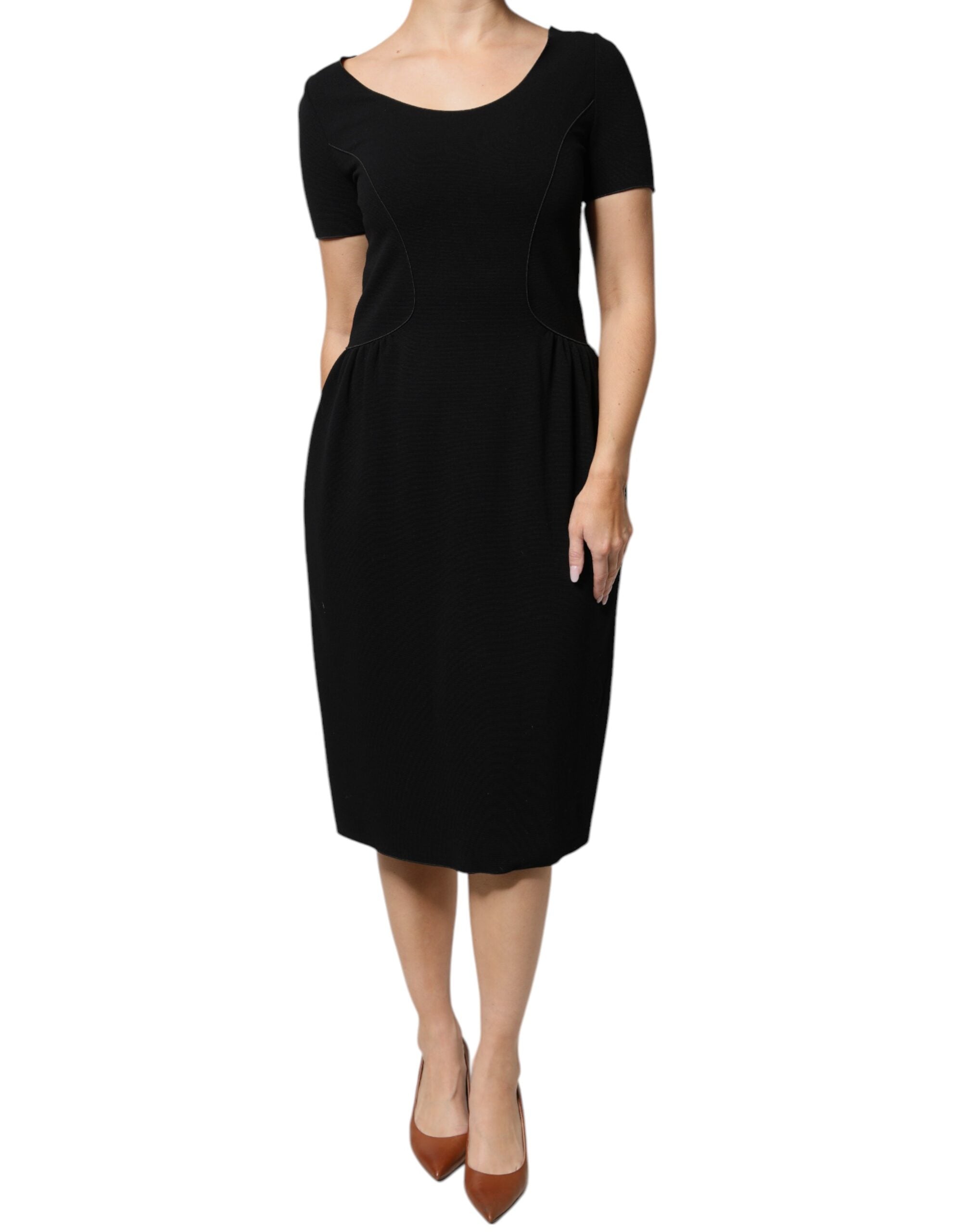 Black Viscose Short Sleeves Sheath Midi Dress – SEYMAYKA