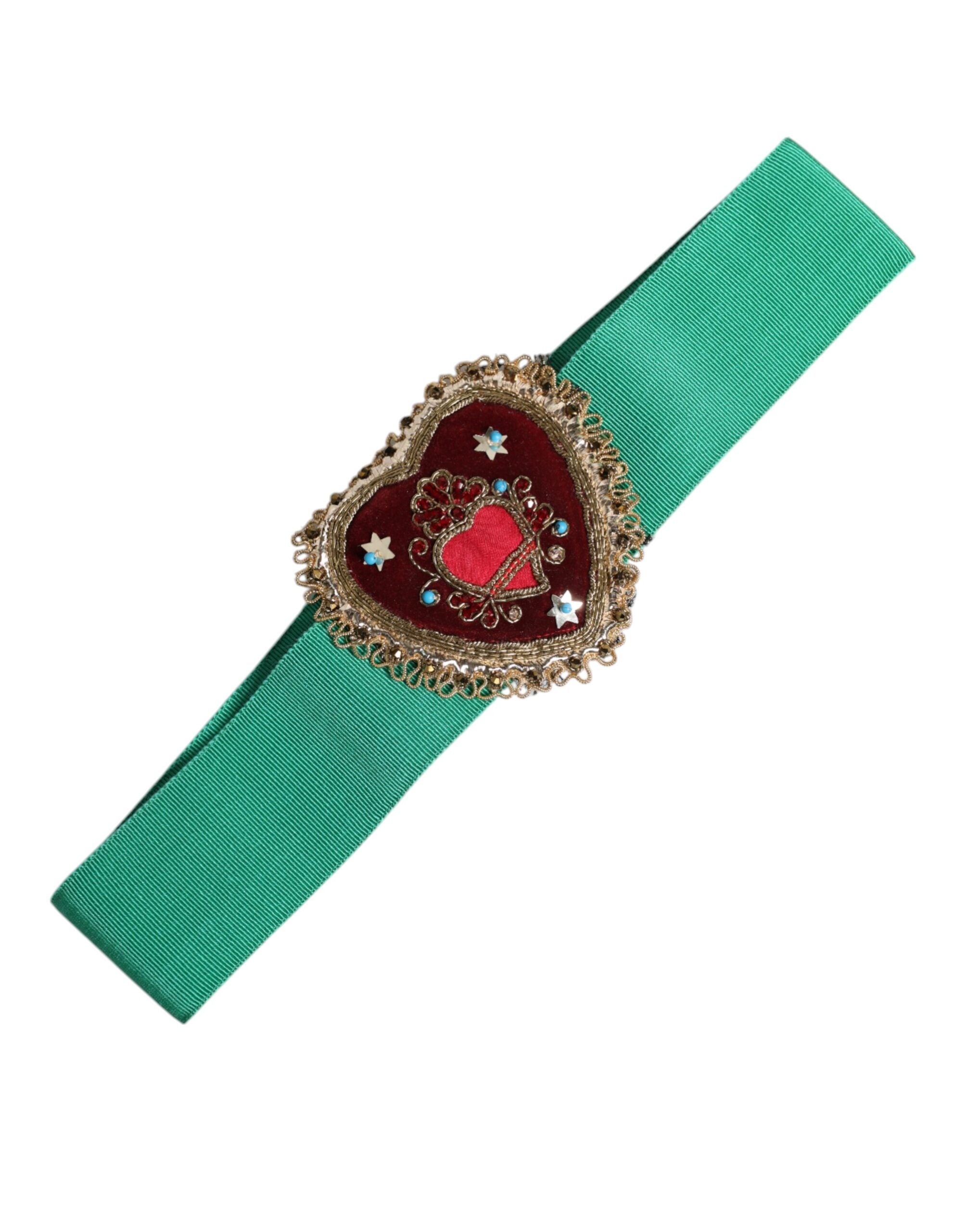 Dolce & Gabbana Green Stretch Wide Waist Heart Embellished Belt Womens DOLCE GABBANA DEVOTION DG Logo  main image 3