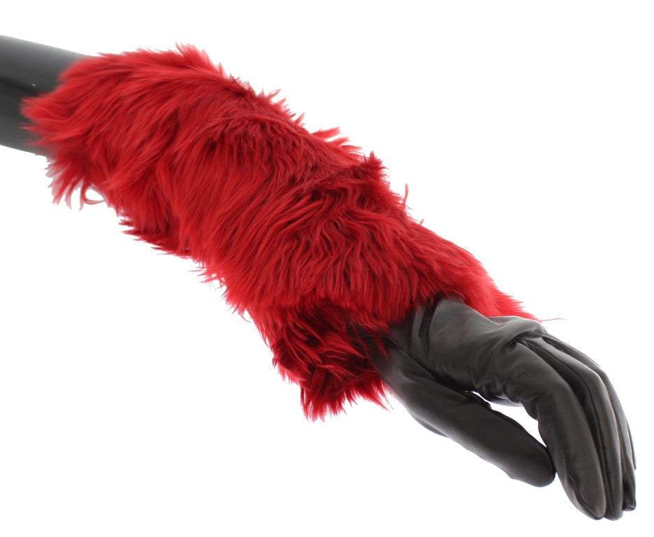 Dolce & Gabbana Brown Leather Red Fur Elbow Gloves #women, 7.5|S, Accessories - New Arrivals, Dolce & Gabbana, feed-agegroup-adult, feed-gender-female, Gloves - Women - Accessories, Red at SEYMAYKA