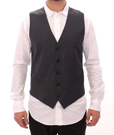Dolce & Gabbana Gray Striped Wool Single Breasted Vest #men, Dolce & Gabbana, feed-agegroup-adult, feed-color-gray, feed-gender-male, feed-size-IT48 | M, Gray, IT48 | M, Men - New Arrivals, Vests - Men - Clothing at SEYMAYKA