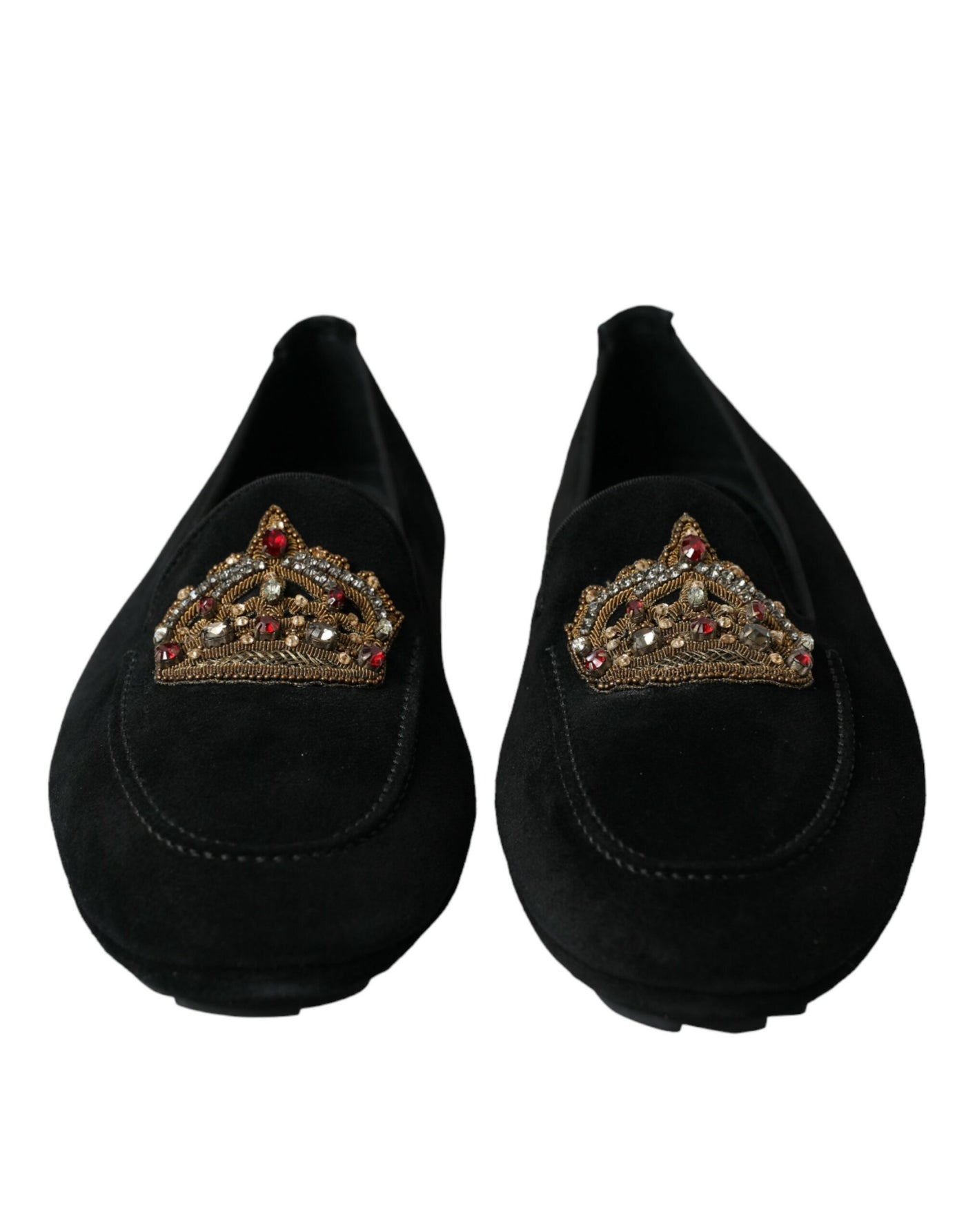 Dolce & Gabbana Black Leather Crystal Crown Loafers Shoes
