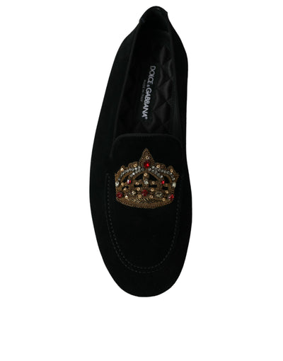 Dolce & Gabbana Black Leather Crystal Crown Loafers Shoes