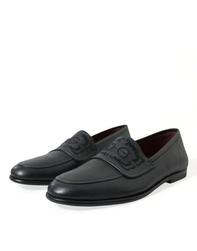Dolce & Gabbana Black Leather Logo Embroidery Loafers Dress Shoes