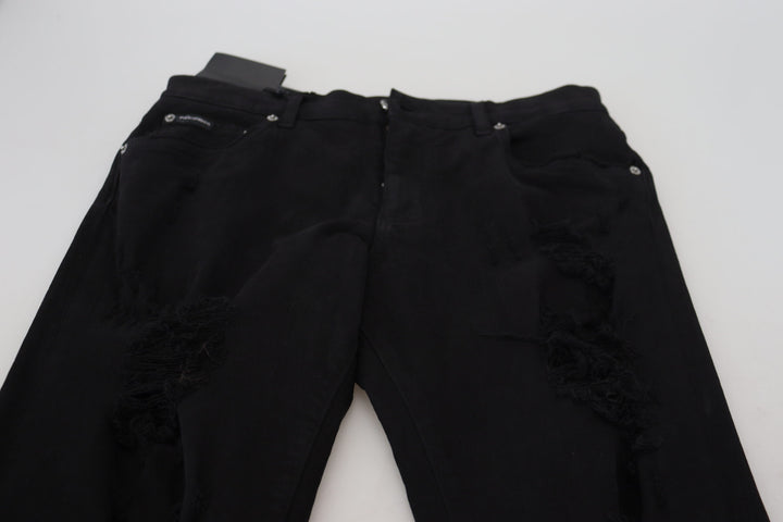 Dolce & Gabbana Black Slim Fit Tattered Denim Cotton Jeans