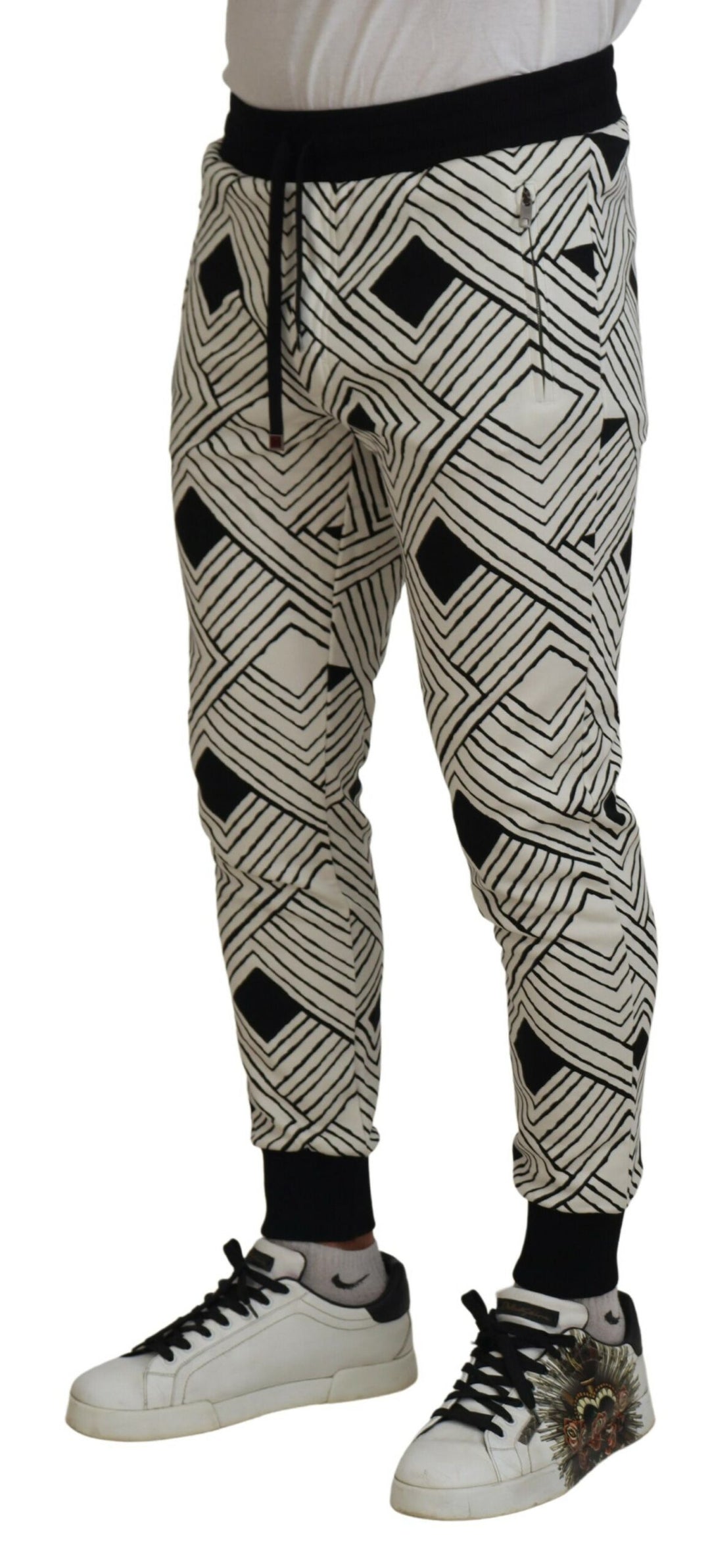 Dolce & Gabbana Black White Cotton Trousers Sport Pants