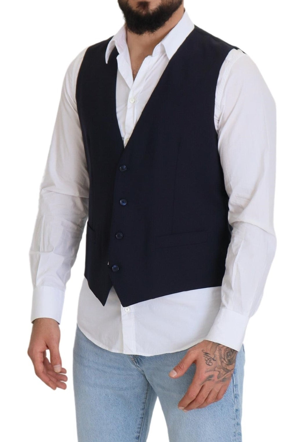 Dolce & Gabbana Dark Blue Wool Stretch Waistcoat Formal Vest