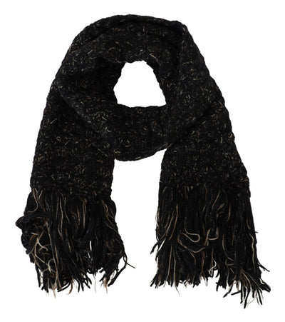 Dolce & Gabbana Black Wool Knitted Wrap Foulard Fringe Scarf