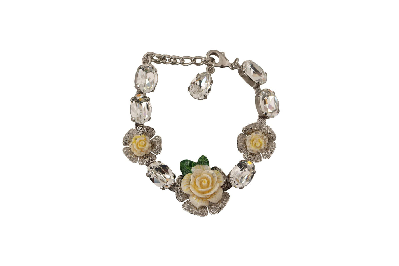Dolce & Gabbana Silver Brass Chain Clear Crystal Floral Bracelet Bracelets - Women - Jewelry, Dolce & Gabbana, feed-1, Silver at SEYMAYKA