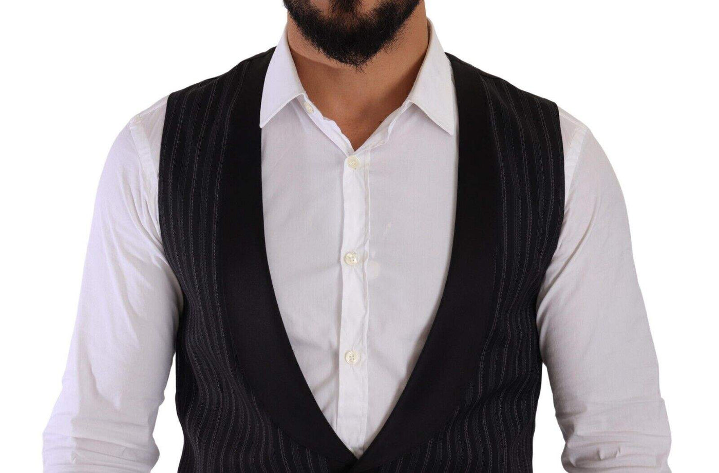 Dolce & Gabbana Black Striped Wool Silk Waistcoat Vest #men, Black, Dolce & Gabbana, feed-1, IT48 | M, Vests - Men - Clothing at SEYMAYKA