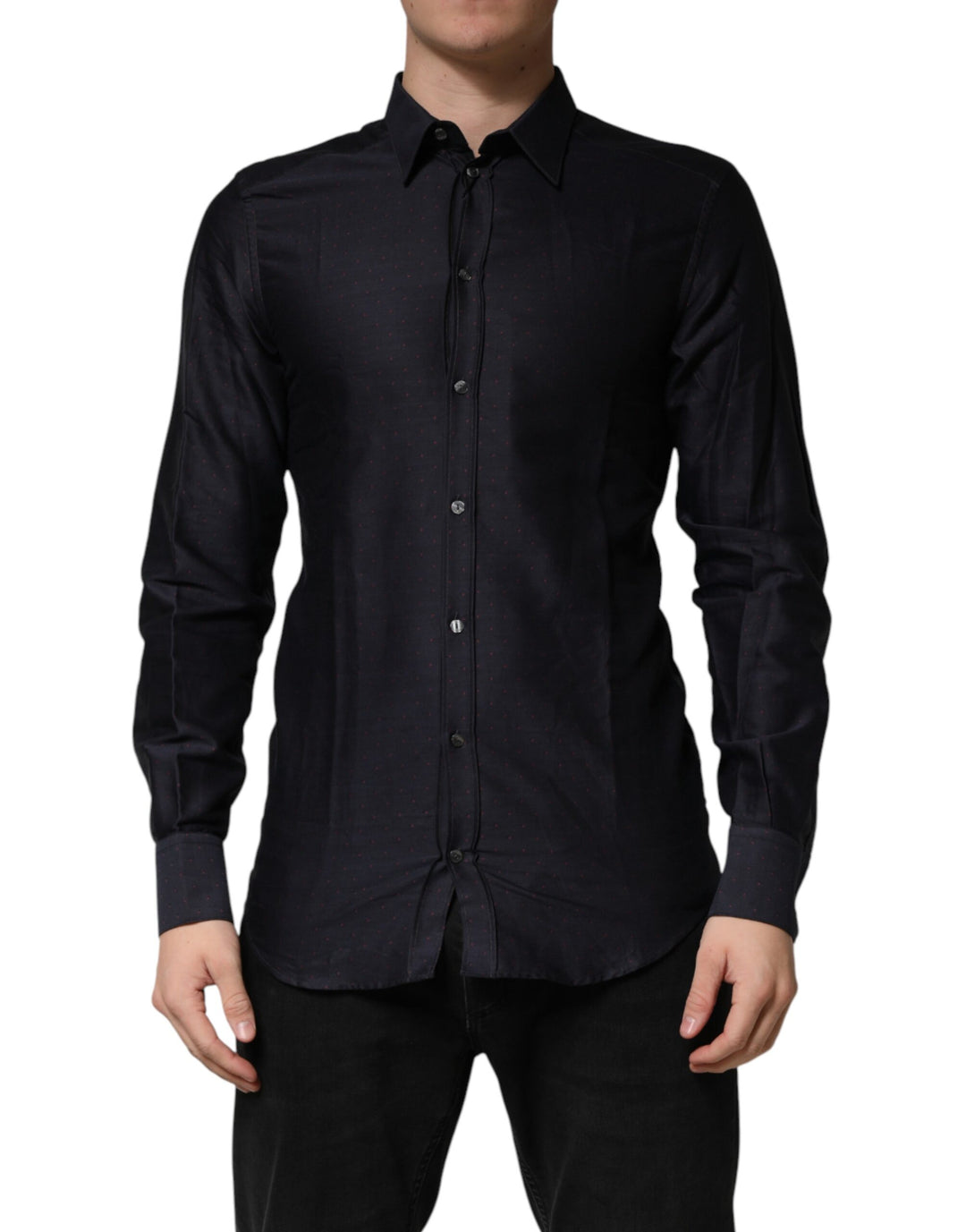 Dolce & Gabbana Black Dotted Cotton Collared GOLD Dress Shirt Dolce & Gabbana Black Dotted Cotton Collared GOLD Dress Shirt