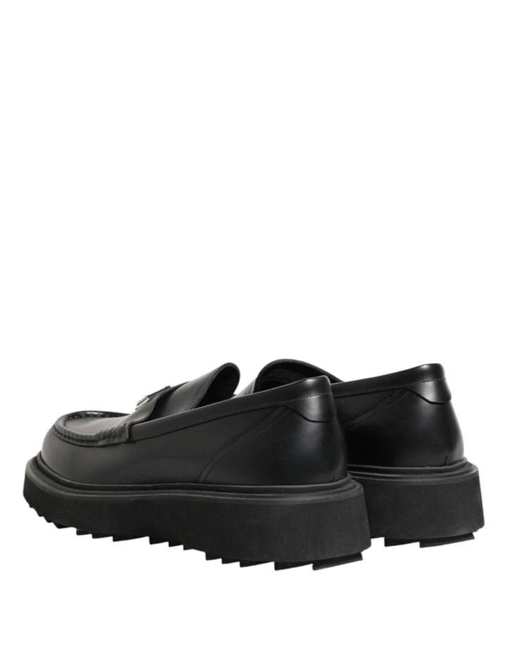 Dolce & Gabbana Black Leather DG Plaque Loafers Dress Shoes
