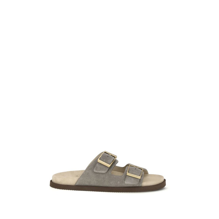 Brunello Cucinelli Gray Calf Leather Bos Taurus Flat Sandals