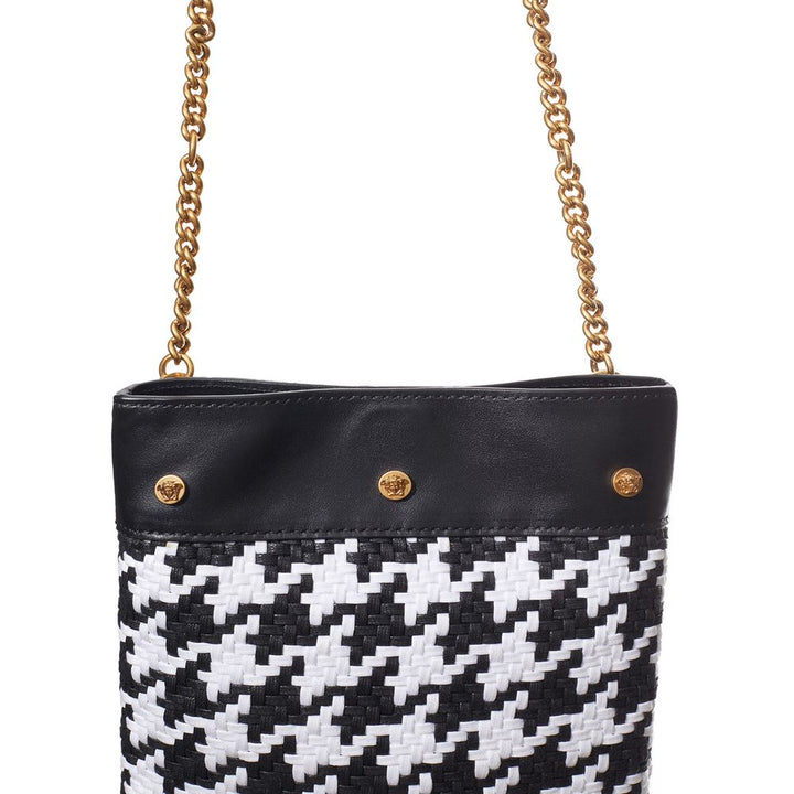 Versace Black And White Leather And Textile Shoulder Bag