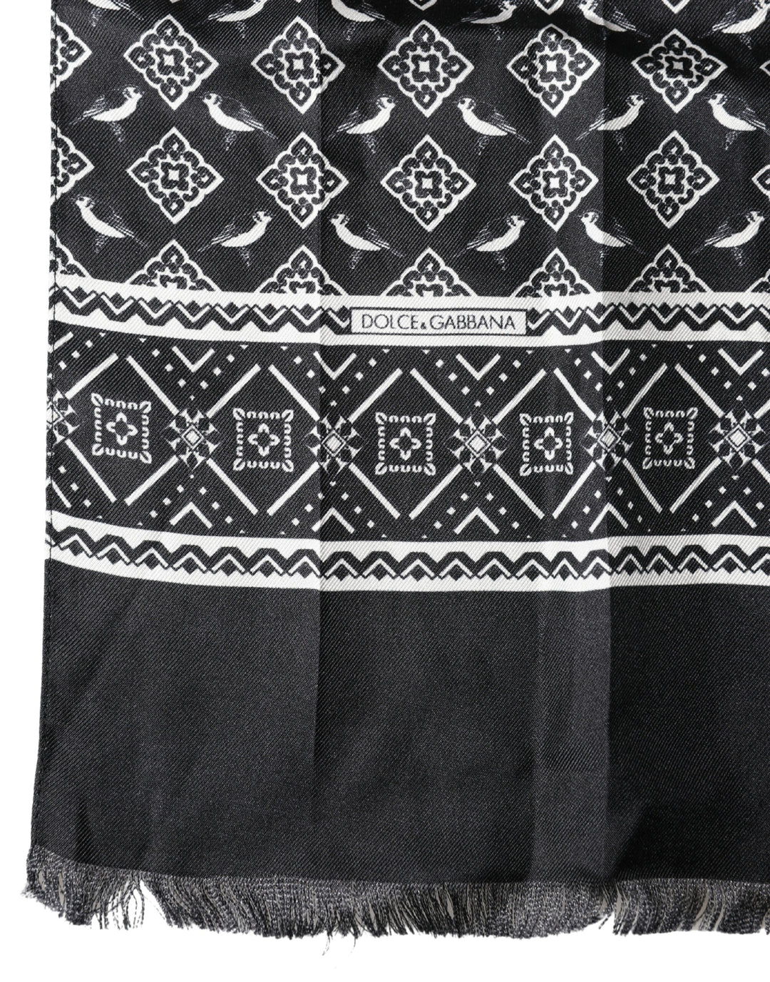 Dolce & Gabbana Black Gray Silk Bird Fringe Wrap Foulard 140cm X 23cm Scarf
