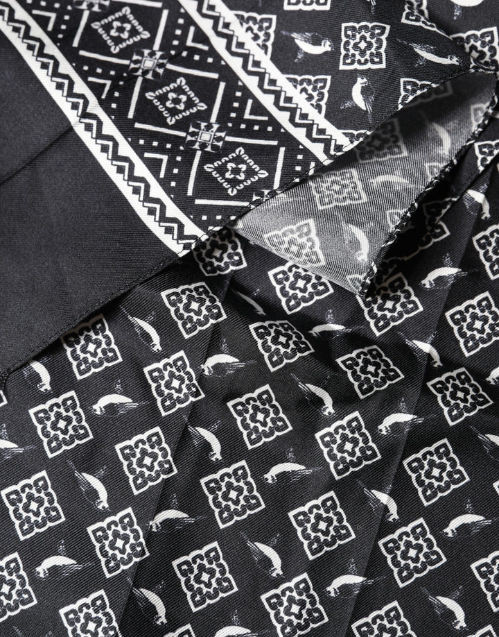 Dolce & Gabbana Black Gray Silk Bird Fringe Wrap Foulard 140cm X 23cm Scarf