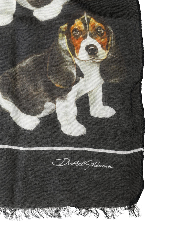 Dolce & Gabbana Black Dog Print Modal Wool Wrap Foulard 178cm X 63cm Scarf