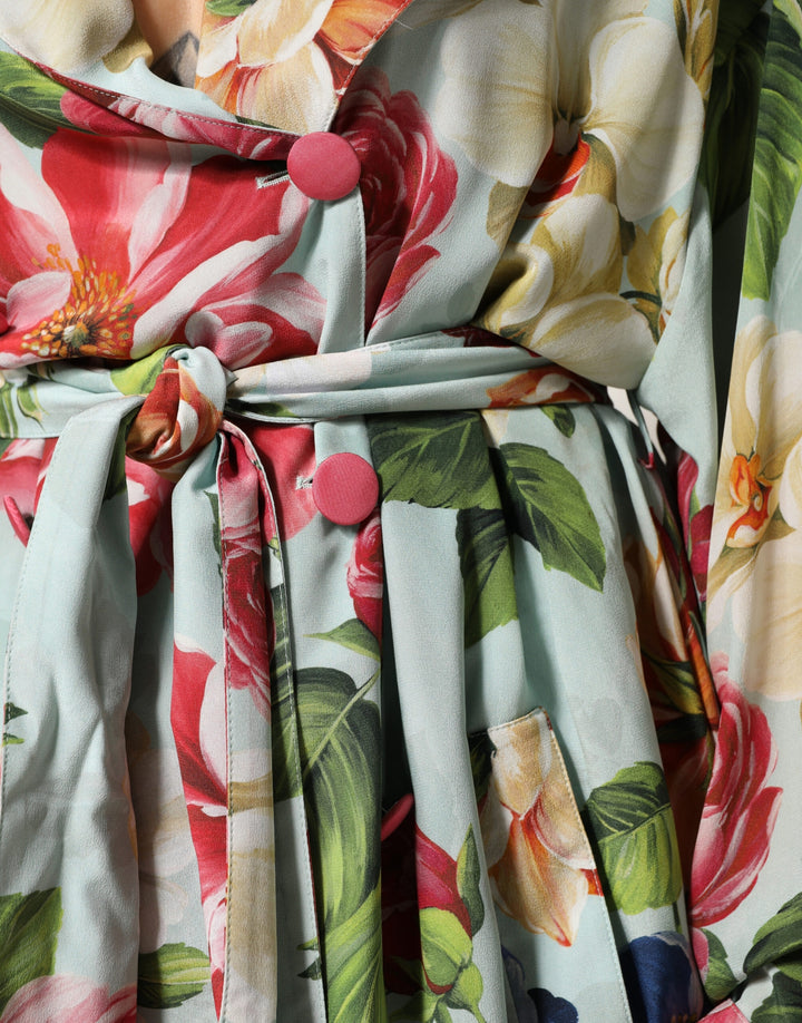 Dolce & Gabbana Green Floral Silk Wrap Midi Long Sleeve Dress