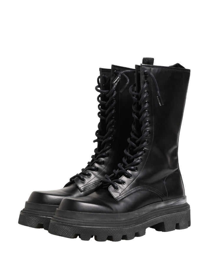 Dolce & Gabbana Black Leather Trek Sole Combat Boots Shoes