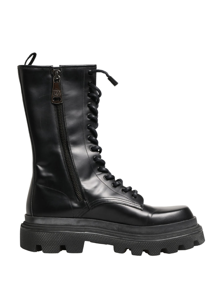 Dolce & Gabbana Black Leather Trek Sole Combat Boots Shoes