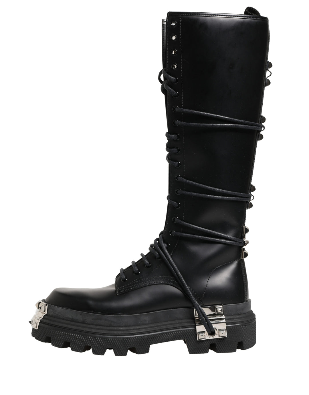 Dolce & Gabbana Black Leather Knee High Combat Boots Shoes