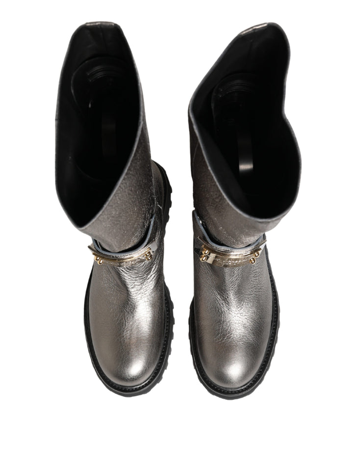 Dolce & Gabbana Metallic Silver Leather Mid Calf Boots Shoes