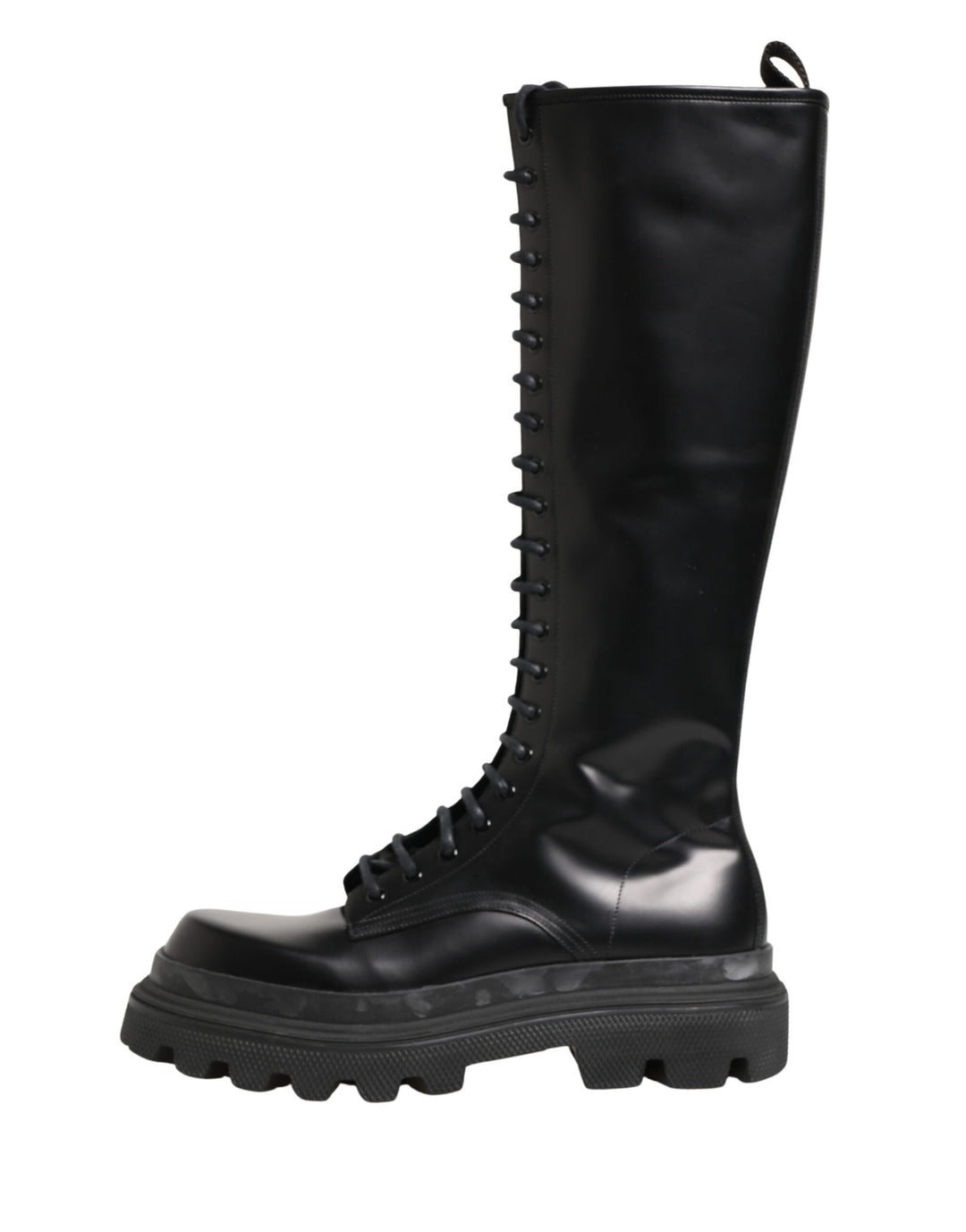 Dolce & Gabbana Black Leather Knee High Lace Up Boots Shoes