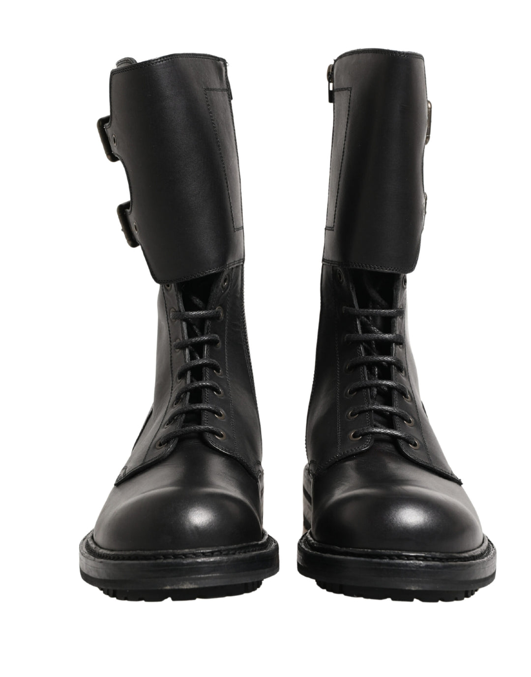 Dolce & Gabbana Black Leather Belted Buckle Combat Boots Shoes