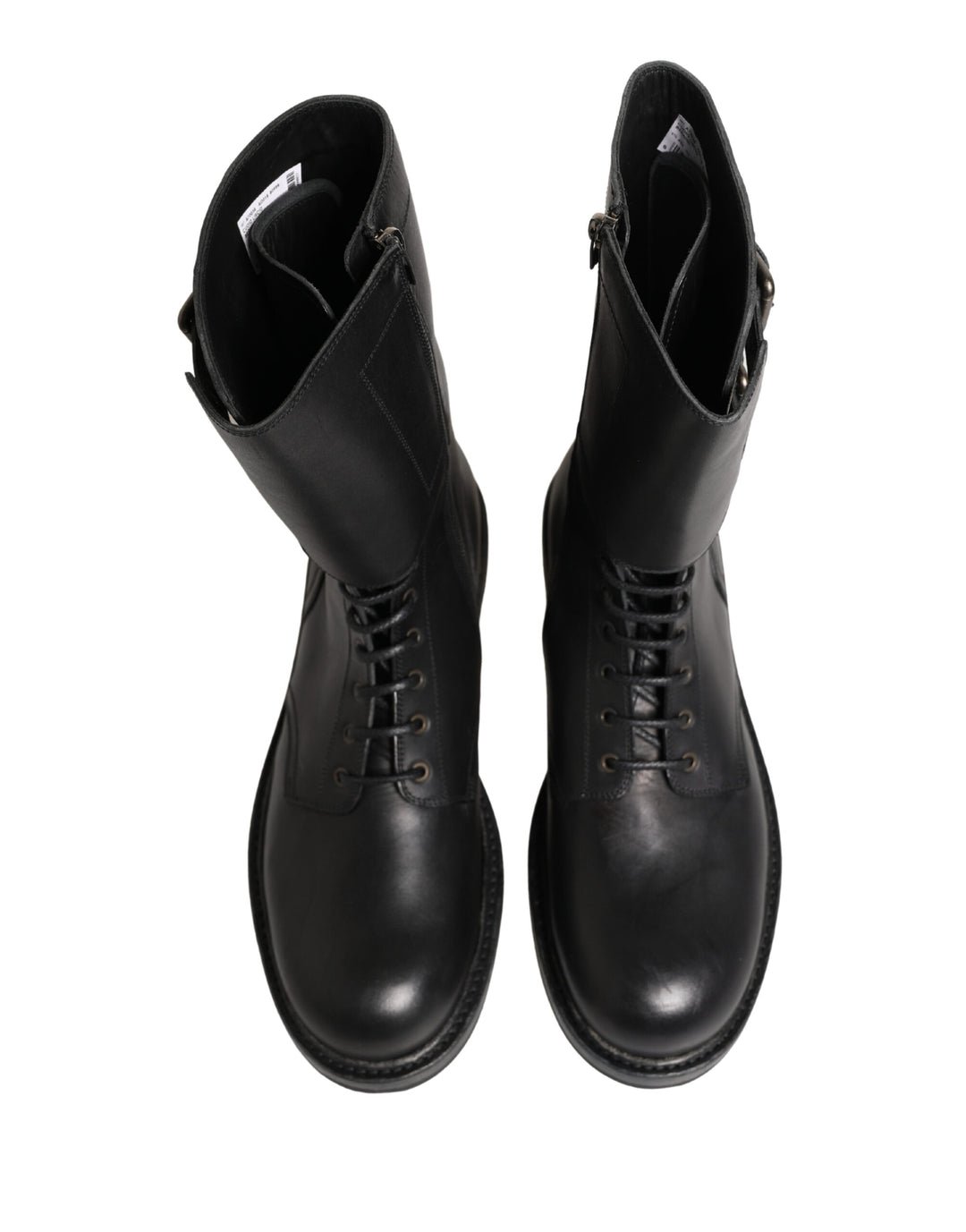Dolce & Gabbana Black Leather Belted Buckle Combat Boots Shoes
