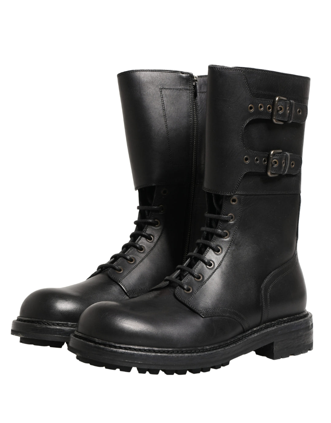 Dolce & Gabbana Black Leather Belted Buckle Combat Boots Shoes