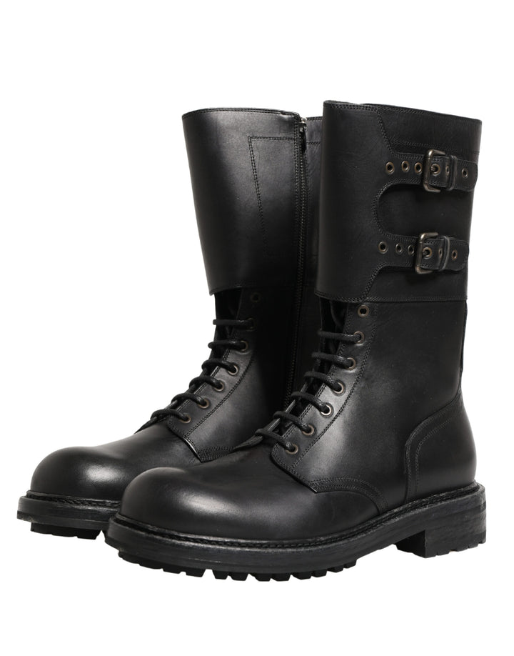 Dolce & Gabbana Black Leather Belted Buckle Combat Boots Shoes