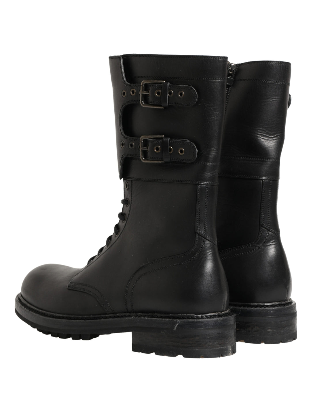 Dolce & Gabbana Black Leather Belted Buckle Combat Boots Shoes