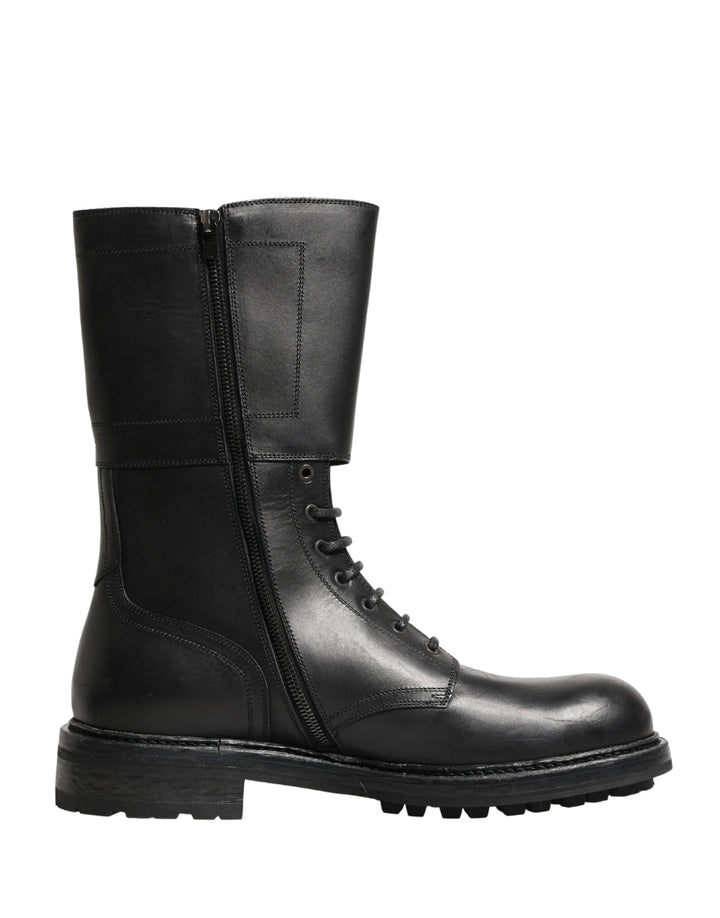Dolce & Gabbana Black Leather Belted Buckle Combat Boots Shoes