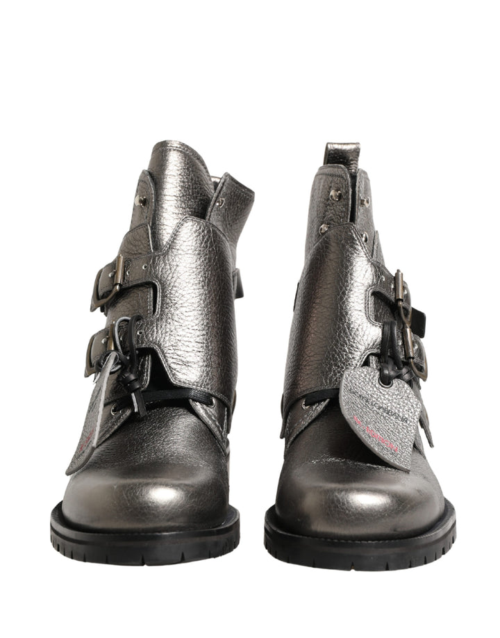 Dolce & Gabbana Metallic Silver Leather Buckle Ankle Boots Shoes