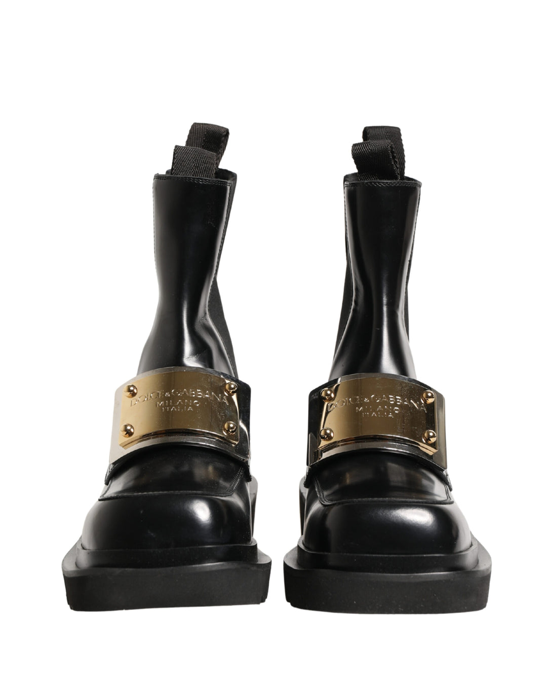 Dolce & Gabbana Black Leather Logo Plaque Ankle Boots Shoes