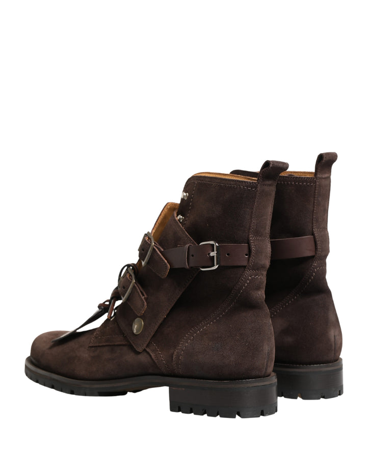 Dolce & Gabbana Brown Suede Leather Buckle Ankle Boots Shoes