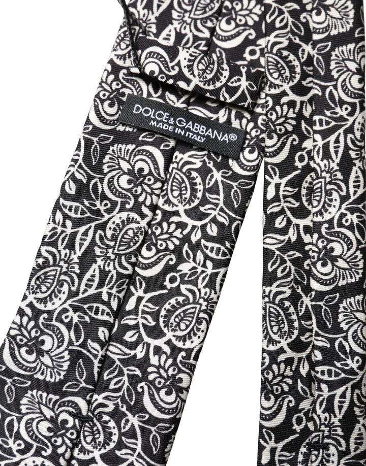 Dolce & Gabbana Black White Floral Fantasy Silk Adjustable Necktie Tie