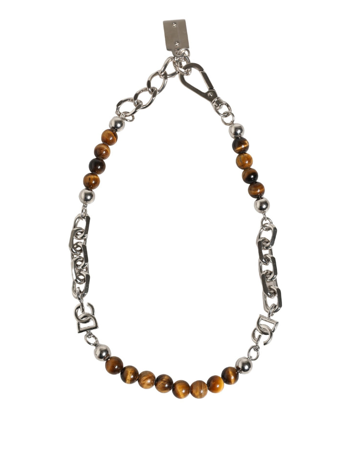 Dolce & Gabbana Silver Tone Brass Chain Beaded Gem DG Logo Bracelet