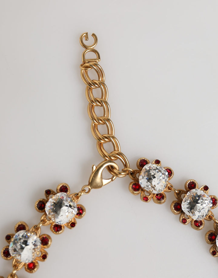 Dolce & Gabbana Gold Brass FRUIT Pendants Flowers Crystal Logo Necklace