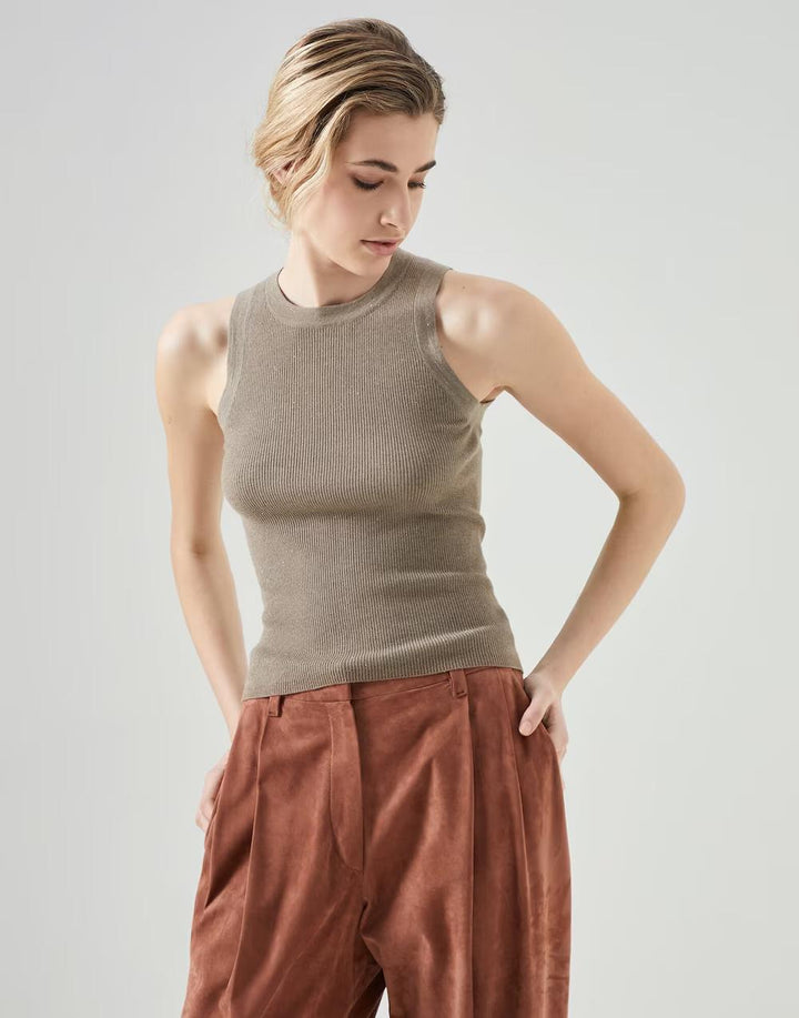Brunello Cucinelli Brown Cashmere Sleeveles T-Shirt