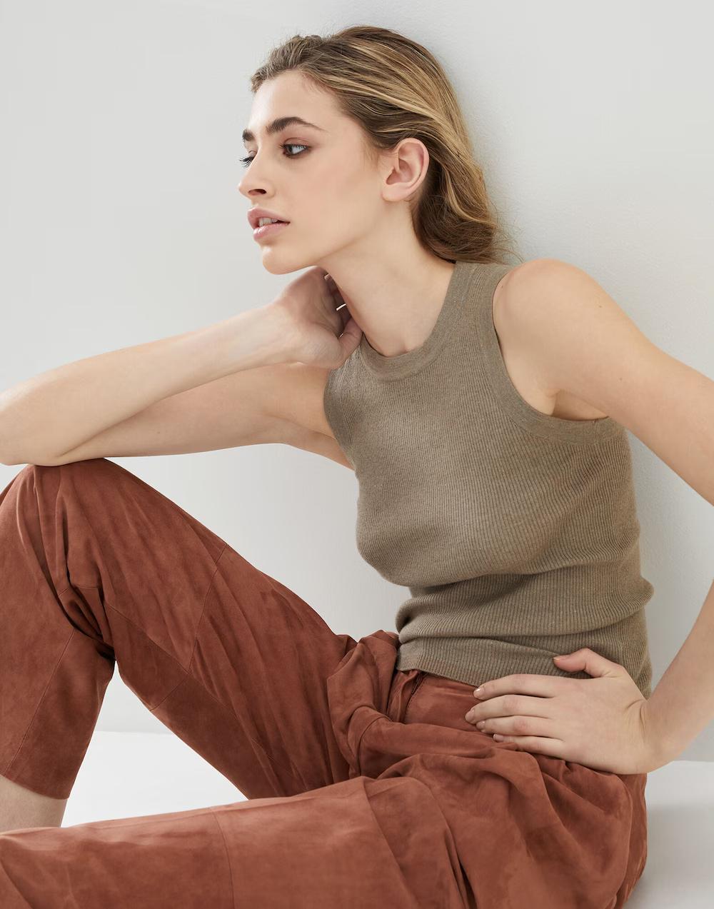 Brunello Cucinelli Brown Cashmere Sleeveles T-Shirt