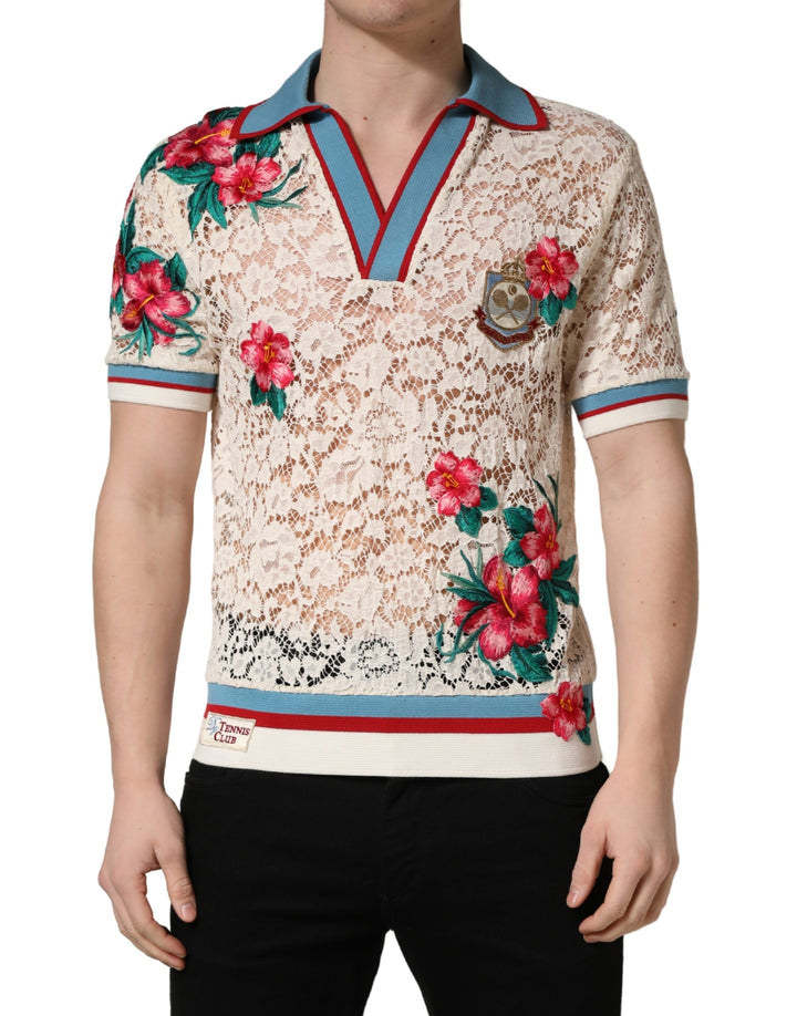 Dolce & Gabbana Beige Floral Tennis Club Lace Polo T-shirt