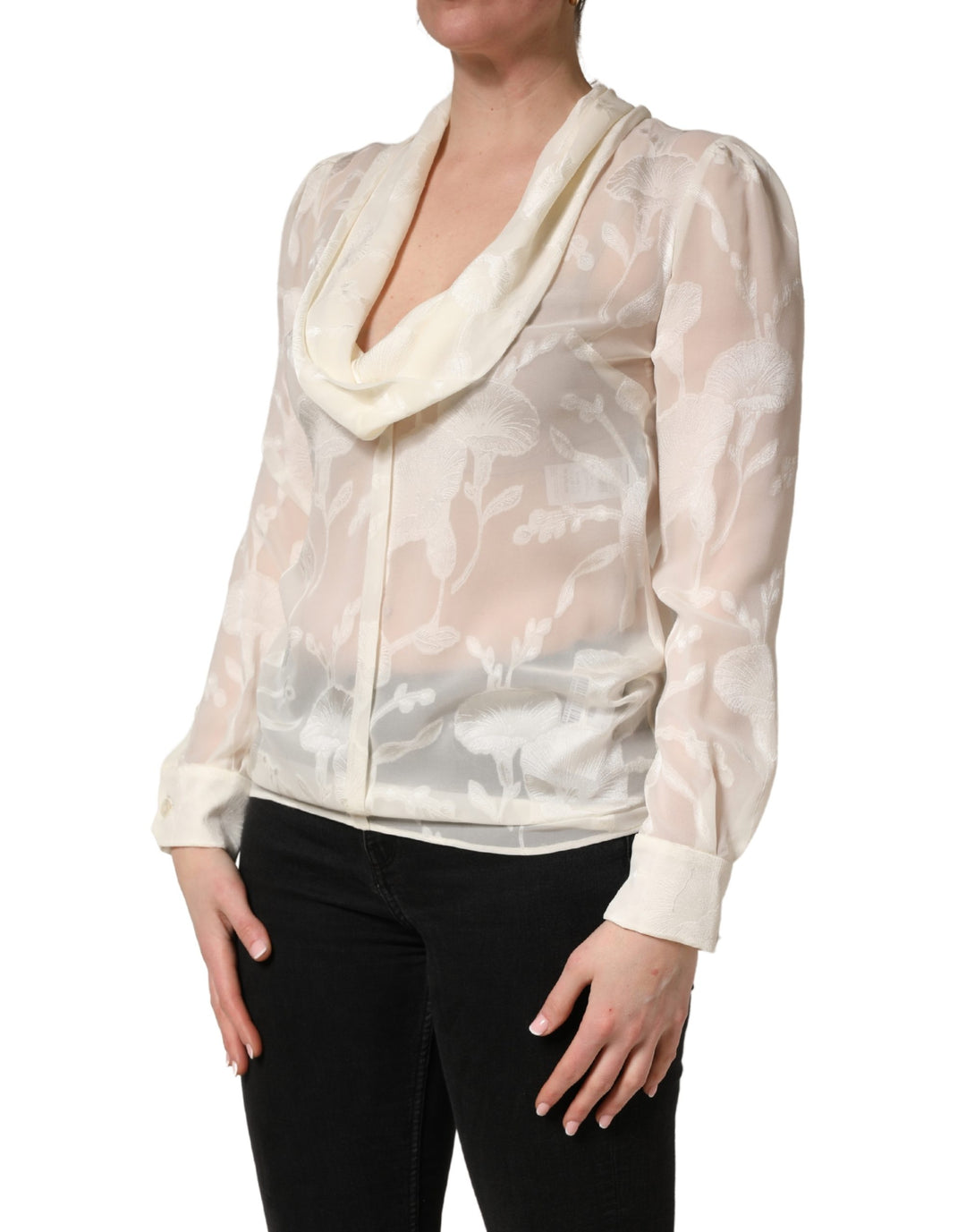 Dolce & Gabbana Off White Floral Semi Sheer Silk Blouse Top