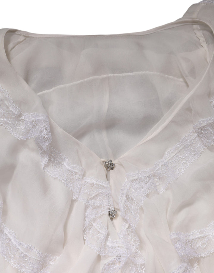 Dolce & Gabbana White LongSleeve Lace Trim Ruffled Blouse Top