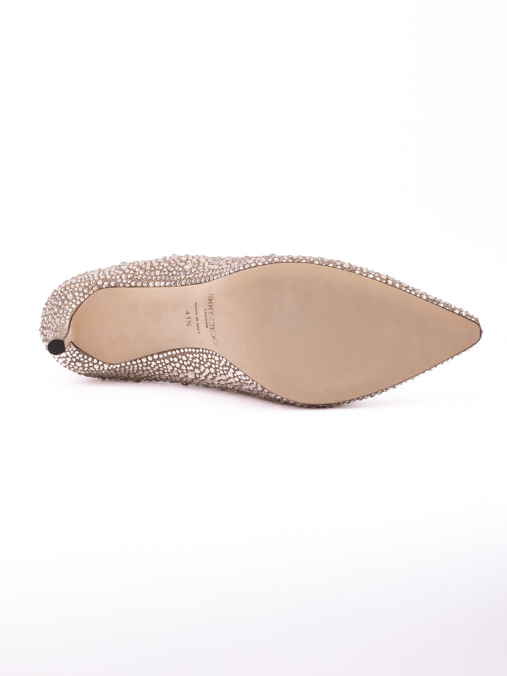 Jimmy Choo Honey Gold Shimmer Suede Crystals Romy 85 pumps