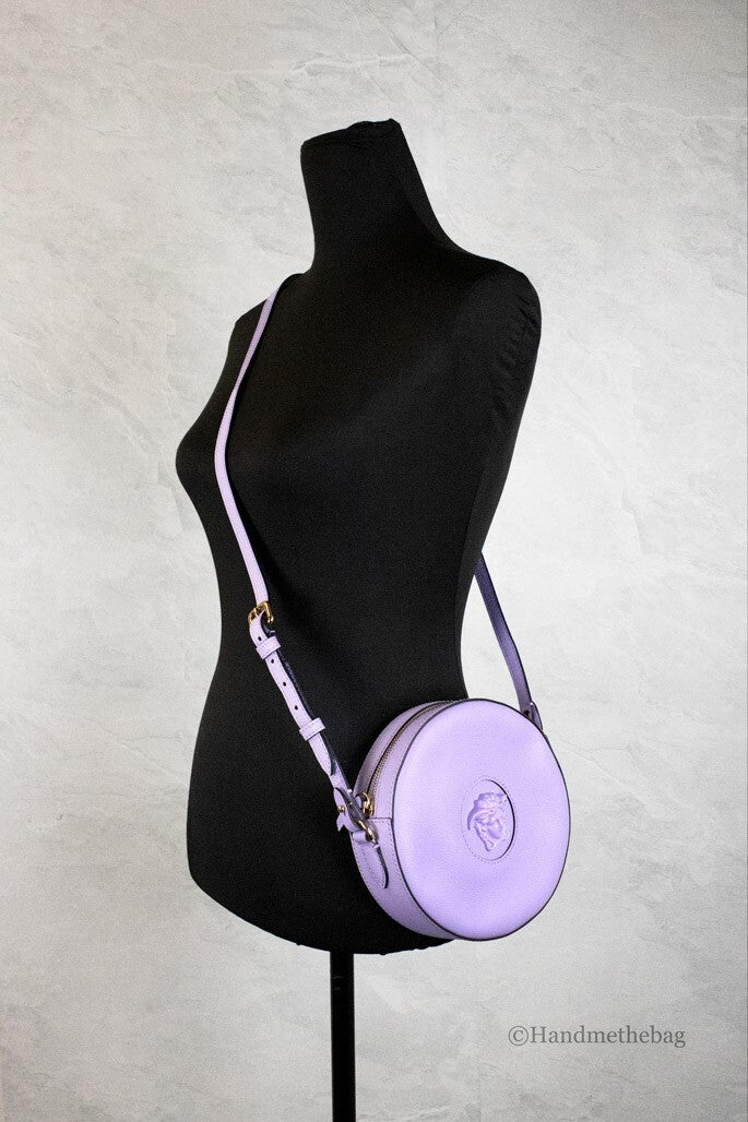 Versace Round Disco Lilac Pebbled Leather Camera Case Crossbody Bag Purse