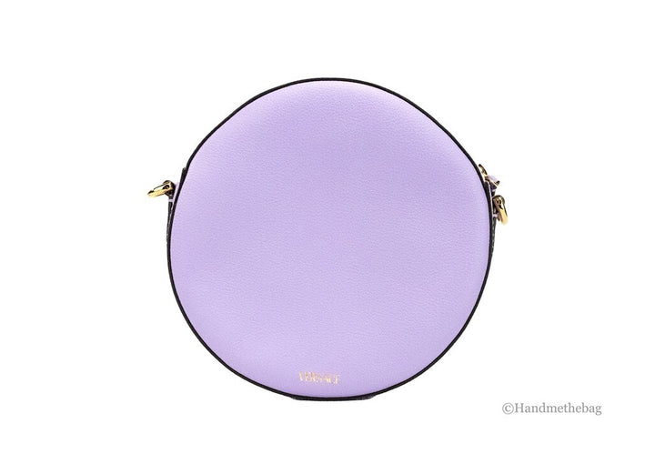 Versace Round Disco Lilac Pebbled Leather Camera Case Crossbody Bag Purse